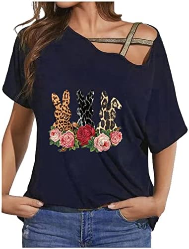 Тениска с изображение на Хубаво Зайче за Жени, Топ с Къс Ръкав и Отворени Рамене, Лятна Свободна Тениска