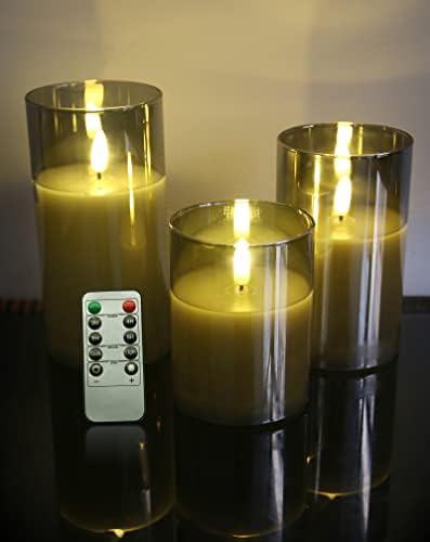 NBSAIRMO Стъклена Led Беспламенная Свещ на Батерии с дистанционно управление, Истински Восъчни 3D Фитильные свещи с Таймер, Топъл Цветен Блещукаща Светлина за Коледен Фестивал, Сватбен Декор за Домашно парти (черен)