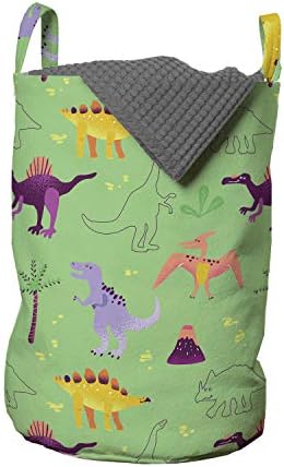 Чанта за дрехи с динозавром Ambesonne, Скица на Джурасик парк и Cartoony стил, Различни видове динозаври в ярки цветове, Кошница за дрехи с дръжки, закрывающаяся на шнур, за п