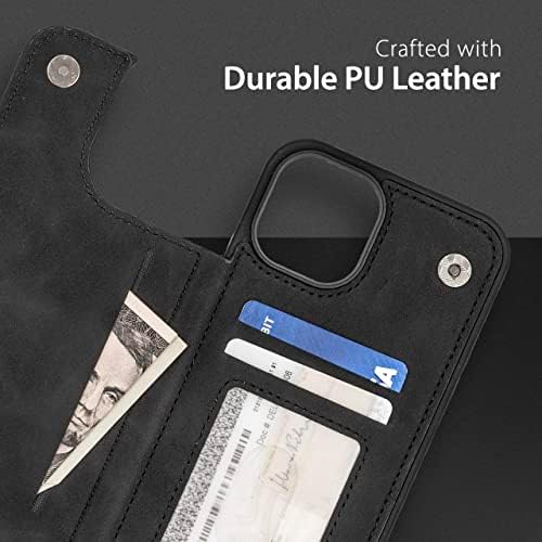 Чанта-портфейл в джоба за iPhone 14 Plus с държач за карти, фолиантом и защитно фолио от закалено стъкло (випуск 2022 година) Черен