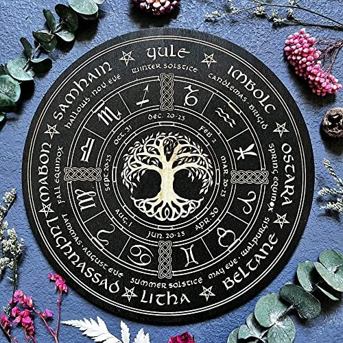 OKDOKEY 7,8 Викканский календар, Дървена дъска с Надпис, Дървен Олтар Вещици и Кристални мрежа за Вики, стена на изкуството, на Езичеството, за дома и за подарък за магьосничество - Колелото на г - 2 (черен)