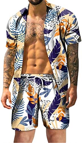 Комплекти, мъжки летни хавайски плажни Ризи и Шорти WALLDOR в графичен стил на копчета с къс ръкав