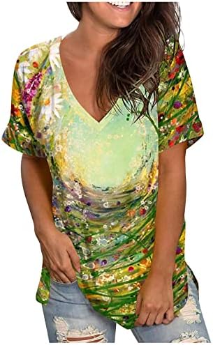 Дамски Летни Тениски 2023 с V-образно деколте, Свободни и Удобни Ризи, Модни Ежедневни Ризи, Блузи, Блуза, Тениска С Къс ръкав и Цветна Принтом