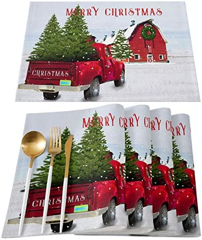 Комплект Коледни Салфетки от 6 броя, Червен ретро Камион и Коледно Дърво, Кърпички за Украса на масата за Хранене, Топлоустойчива Миещи Настолни Подложки за Кухненс