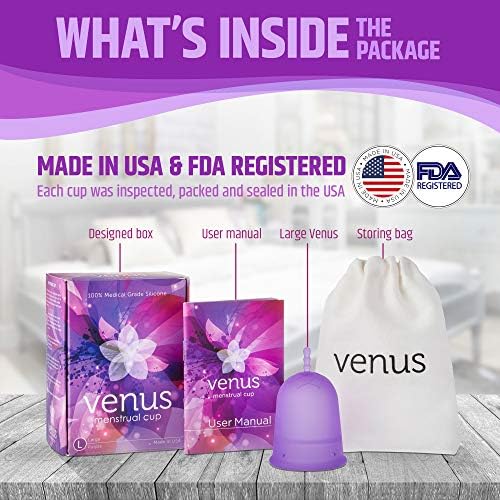 Голяма менструална чаша Venus – Голям капацитет за интензивно кръвоснабдяване -Произведено в САЩ - Множество менструална чаша от медицински силикон - за висока проходимост на шийката на матката - Уникален дизайн